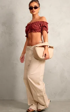 Chocolate Broderie Anglaise Bardot Puff Sleeve Crop Top