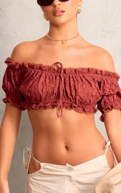 Chocolate Broderie Anglaise Bardot Puff Sleeve Crop Top