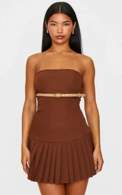 Chocolate Brown Belted Pleated Skirt Bodycon Dress