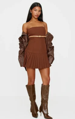 Chocolate Brown Belted Pleated Skirt Bodycon Dress