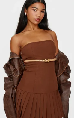 Chocolate Brown Belted Pleated Skirt Bodycon Dress