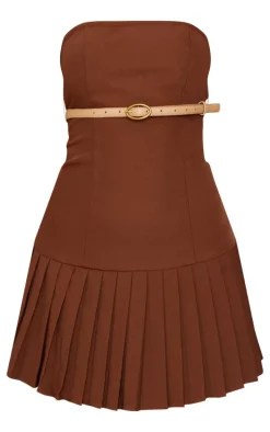 Chocolate Brown Belted Pleated Skirt Bodycon Dress