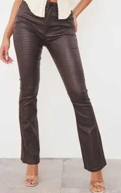 Chocolate Brown Croc Coated Denim Flared Jeans
