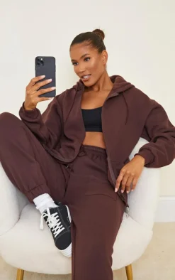 Chocolate Brown Extreme Oversized Pocket Front Zip Through Hoodie