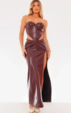 Chocolate Brown Faux Leather Corset Cut Out Bandeau Maxi Dress