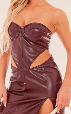 Chocolate Brown Faux Leather Corset Cut Out Bandeau Maxi Dress
