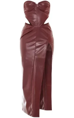 Chocolate Brown Faux Leather Corset Cut Out Bandeau Maxi Dress