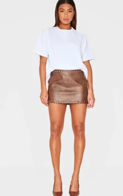 Chocolate Brown Faux Leather Plaited Mini Skirt
