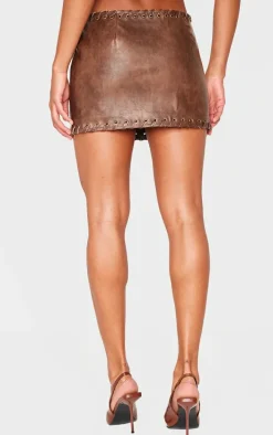 Chocolate Brown Faux Leather Plaited Mini Skirt