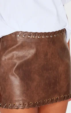 Chocolate Brown Faux Leather Plaited Mini Skirt