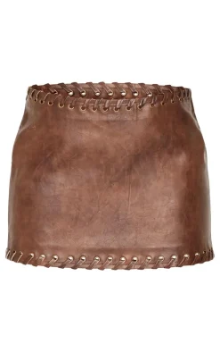 Chocolate Brown Faux Leather Plaited Mini Skirt