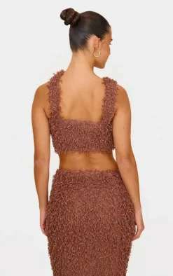 Chocolate Brown Fluffy Textured Halterneck Trim Detail Crop Top