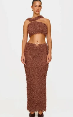 Chocolate Brown Fluffy Textured Halterneck Trim Detail Crop Top