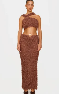 Chocolate Brown Fluffy Textured Trim Detail Low Rise Maxi Skirt