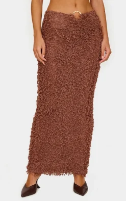 Chocolate Brown Fluffy Textured Trim Detail Low Rise Maxi Skirt