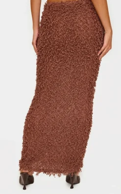 Chocolate Brown Fluffy Textured Trim Detail Low Rise Maxi Skirt