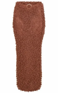 Chocolate Brown Fluffy Textured Trim Detail Low Rise Maxi Skirt