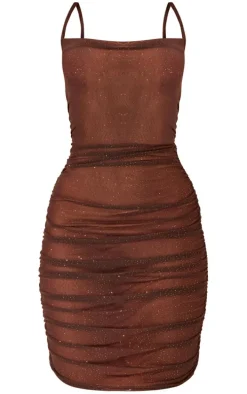 Chocolate Brown Glitter Mesh Cowl Neck Ruched Strappy Bodycon Dress