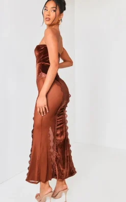Chocolate Brown Lace Panel Velvet Bandeau Maxi Dress