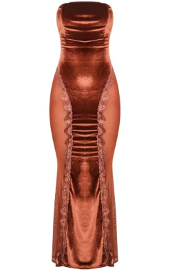 Chocolate Brown Lace Panel Velvet Bandeau Maxi Dress
