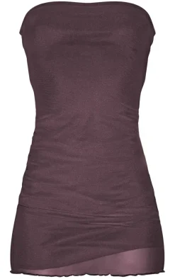 Chocolate Brown Mesh Lined Lettuce Hem Bandeau Bodycon Dress