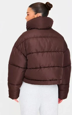 Chocolate Brown Quilted Asymmetric High Neck Puffer Jacket
