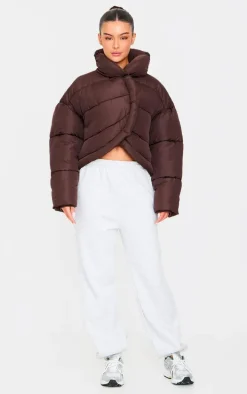 Chocolate Brown Quilted Asymmetric High Neck Puffer Jacket