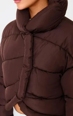 Chocolate Brown Quilted Asymmetric High Neck Puffer Jacket