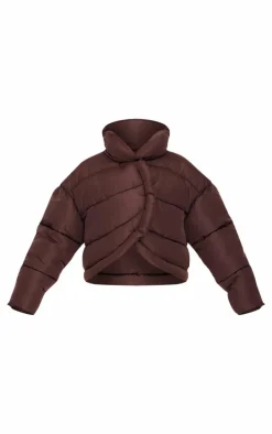 Chocolate Brown Quilted Asymmetric High Neck Puffer Jacket