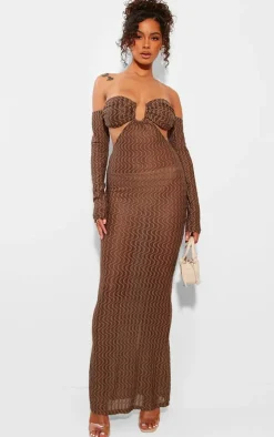 Chocolate Brown Ribbed Bardot Long Sleeve Cut Out Maxi Dress
