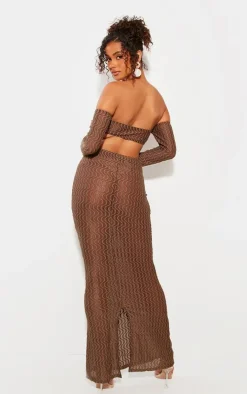 Chocolate Brown Ribbed Bardot Long Sleeve Cut Out Maxi Dress