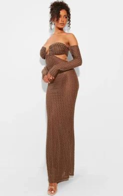 Chocolate Brown Ribbed Bardot Long Sleeve Cut Out Maxi Dress