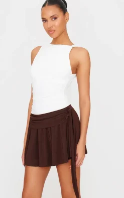 Chocolate Brown Slinky Tie Side Flippy Mini Skirt