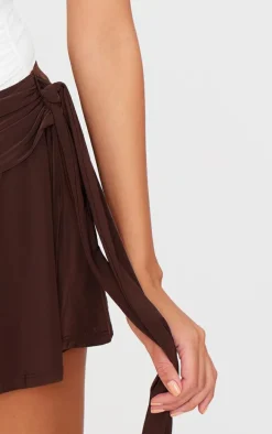 Chocolate Brown Slinky Tie Side Flippy Mini Skirt