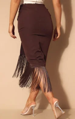 Chocolate Brown Tassel Hem Midi Skirt
