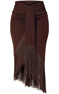 Chocolate Brown Tassel Hem Midi Skirt