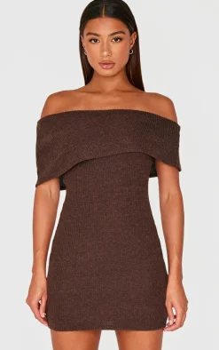Chocolate Brushed Rib Asymmetric Bodycon Dress