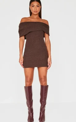 Chocolate Brushed Rib Asymmetric Bodycon Dress