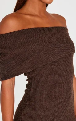 Chocolate Brushed Rib Asymmetric Bodycon Dress