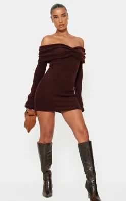 Chocolate Brushed Rib Bardot Long Sleeve Bodycon Dress