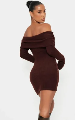 Chocolate Brushed Rib Bardot Long Sleeve Bodycon Dress