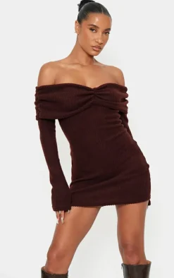 Chocolate Brushed Rib Bardot Long Sleeve Bodycon Dress