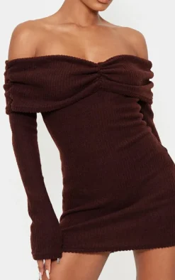 Chocolate Brushed Rib Bardot Long Sleeve Bodycon Dress