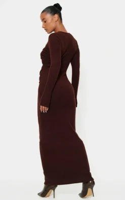 Chocolate Brushed Rib Cut Out Detail Maxi Dress