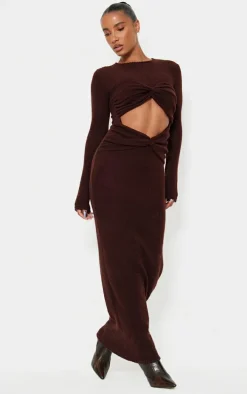 Chocolate Brushed Rib Cut Out Detail Maxi Dress