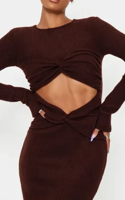 Chocolate Brushed Rib Cut Out Detail Maxi Dress