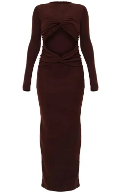 Chocolate Brushed Rib Cut Out Detail Maxi Dress