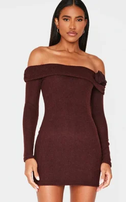 Chocolate Brushed Rib Fold Over Bardot Corsage Detail Bodycon Dress
