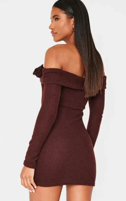 Chocolate Brushed Rib Fold Over Bardot Corsage Detail Bodycon Dress