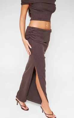 Chocolate Brushed Rib Ruched Detail Foldover Maxi Skirt